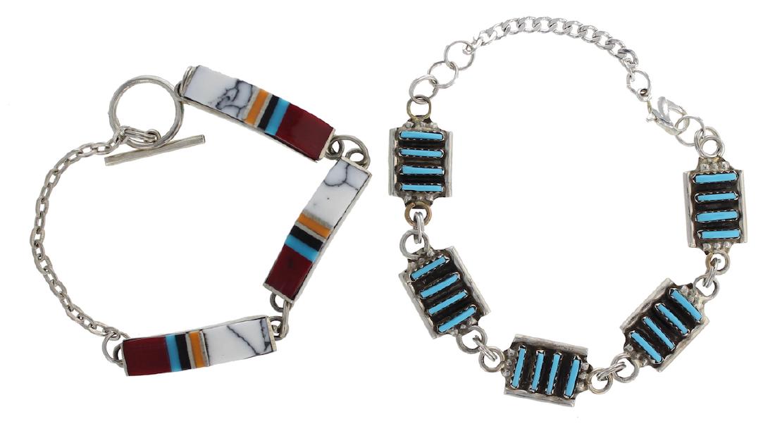 Sterling Silver Genuine Multi Stone Vintage Link: Weight: 21.4 Grams Total, Turquoise Link Bracelet Length: 8.5", Signed P| Multi Stone Vintage Inlay Link Bracelet Size: 7.5" Signed NEZ||| Sterling Silver Genuine Multi Stone Vintage Link Bracelets Lo