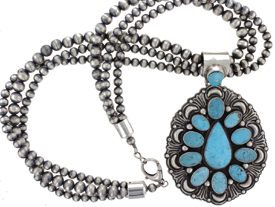 Sterling Silver Genuine Turquoise Pendant & 3 Strand (1 of 2)