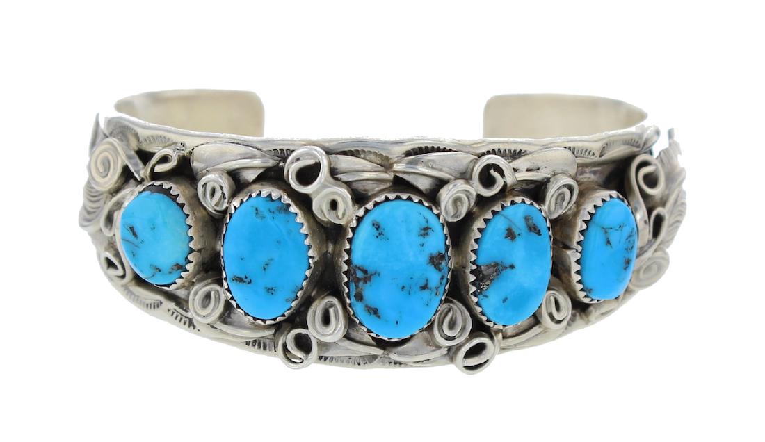 Sterling Silver Genuine Turquoise Bracelet Navajo (1 of 1)
