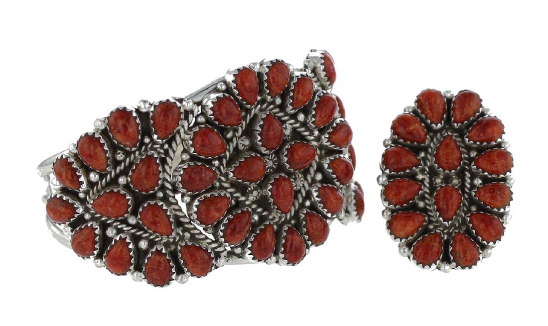 Sterling Silver Sponge Coral Bracelet & Ring Set Navajo (1 of 1)