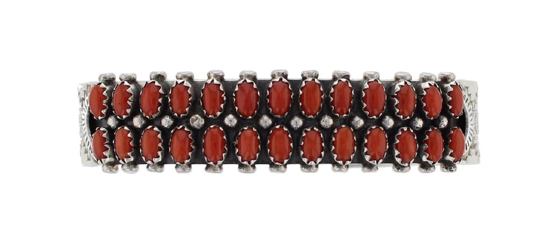 Sterling Silver Genuine Coral 2 Row Bracelet Navajo (1 of 2)