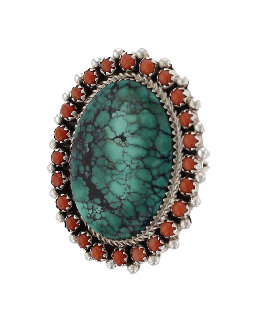 Sterling Silver Genuine Turquoise & Coral Ring Navajo (1 of 1)