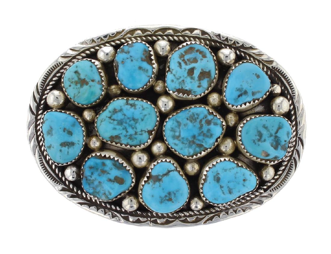 Sterling Silver Genuine Turquoise Vintage Belt Buckle (1 of 1)