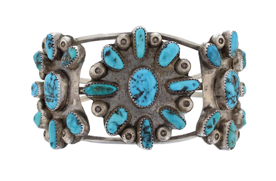 Sterling Silver Genuine Turquoise Antique Old Pawn: Sterling Silver Genuine Turquoise Antique Old Pawn Masterpiece Bracelet Navajo Native American Southwest Indian Jewelry Unsigned |||Weight: 89 Grams, Size: 7" inner, 1" Gap, 8" Total, Face Width: appr