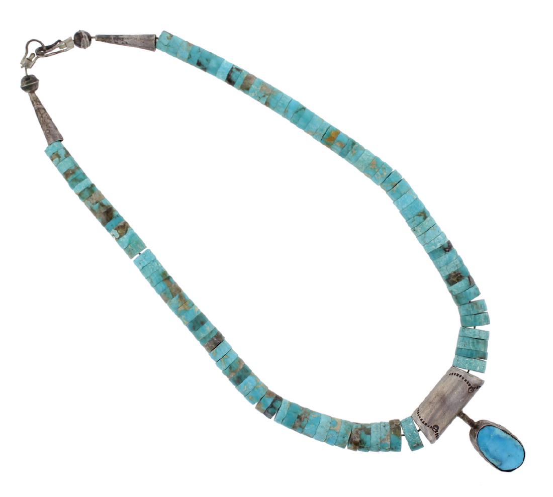 Sterling Silver Genuine Turquoise Vintage Disc Necklace (1 of 1)