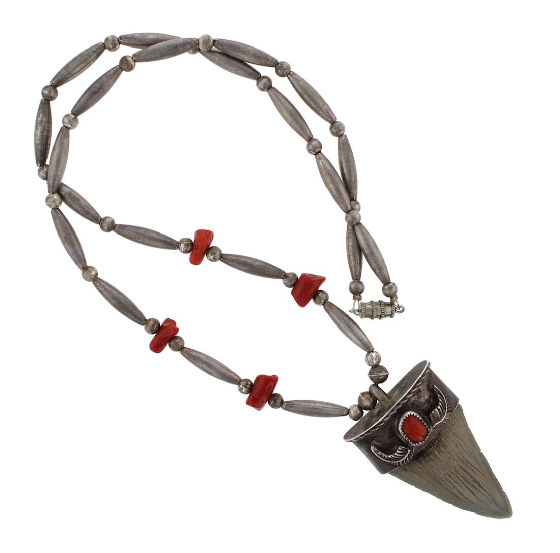 Sterling Silver Genuine Coral Antique Old Pawn Shark: Sterling Silver Genuine Coral Antique Old Pawn Shark Tooth Necklace Navajo Native American Southwest Indian Jewelry Signed || Weight: 50 Grams, Size: 22" Length, Pendant Dimensions: 1.25" x 2.25"