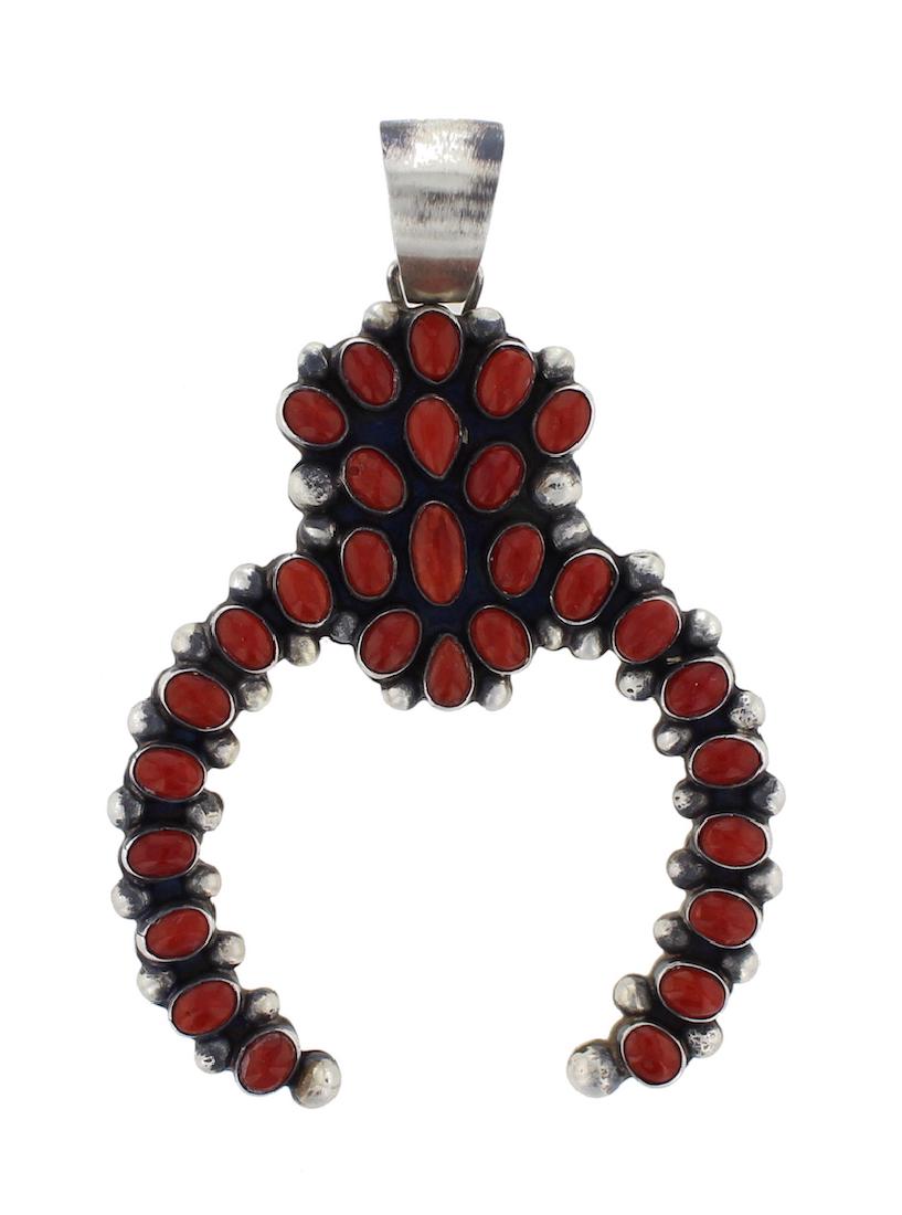Sterling Silver Genuine Mediterranean Ox Blood Coral: Sterling Silver Genuine Mediterranean Ox Blood Coral Masterpiece NaJa Pendant Navajo Native American Southwest Indian Jewelry Signed BRD || Weight: 47.6 Grams, Dimensions: 2.75" x 4", Center Coral Sto