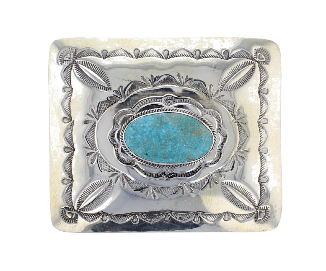 Sterling Silver Genuine Turquoise Belt Buckle Navajo: Sterling Silver Genuine Turquoise Belt Buckle Navajo Native American Southwest Indian Jewelry Signed J. Nelson || Weight: 65 Grams, Dimensions: 2.5" x 3", Turquoise Dimensions: .75" x 1"
