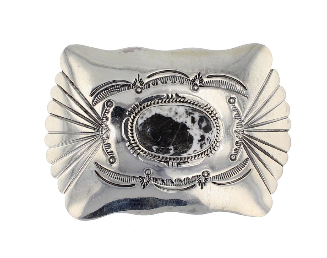 Sterling Silver Genuine White Buffalo Belt Buckle: Sterling Silver Genuine White Buffalo Belt Buckle Navajo Native American Southwest Indian Jewelry Signed J. Nelson || Weight: 49.4 Grams, Dimensions: 2" x 2.5", 1.5" Belt Insert