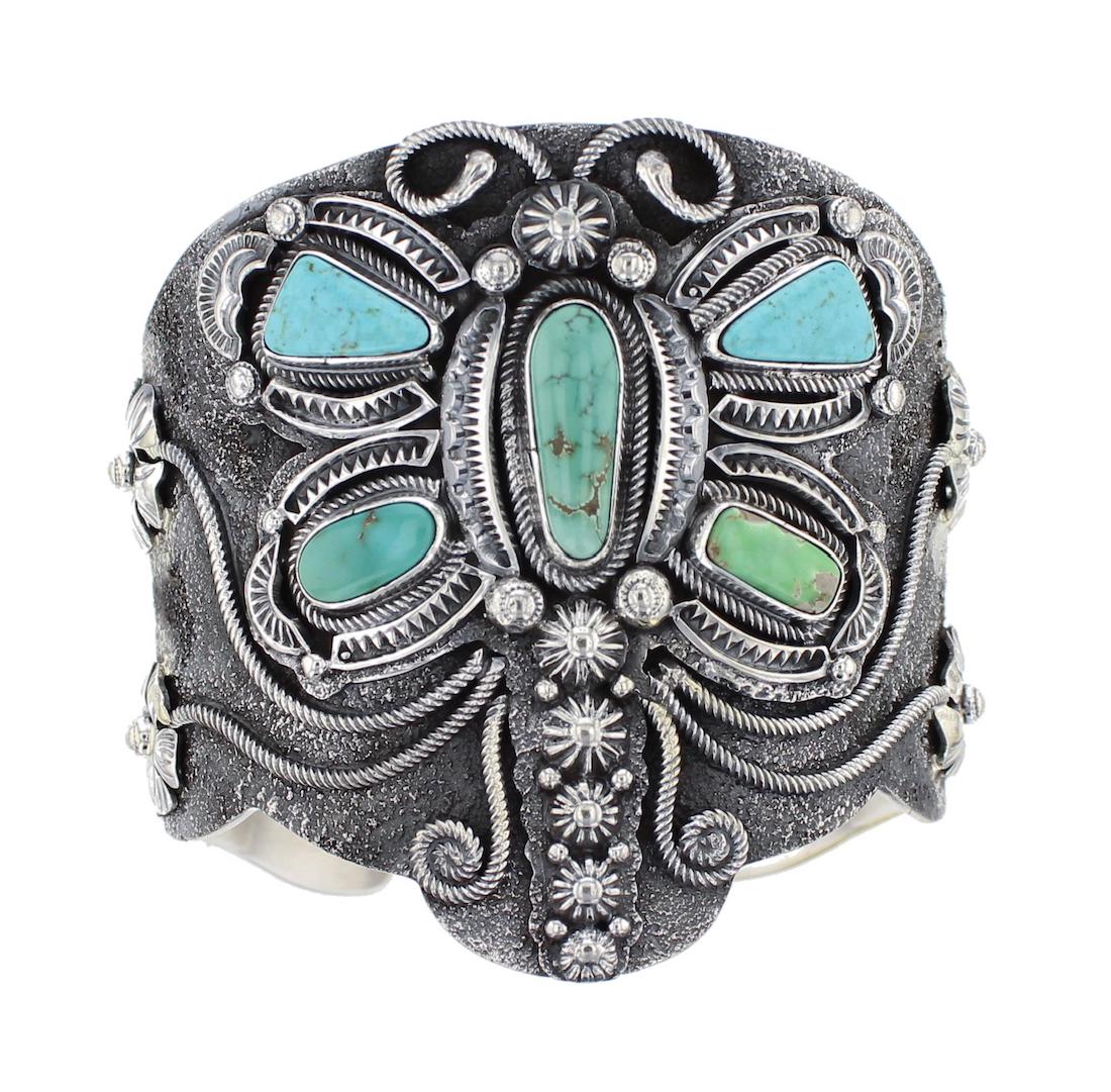 Sterling Silver Genuine Carico Lake Turquoise: Sterling Silver Genuine Carico Lake Turquoise Masterpiece Contemporary Dragon Fly Bracelet Navajo Native American Southwest Indian Jewelry Signed LMC Larry Martinez Chavez || Weight: 149.2 Grams, Size