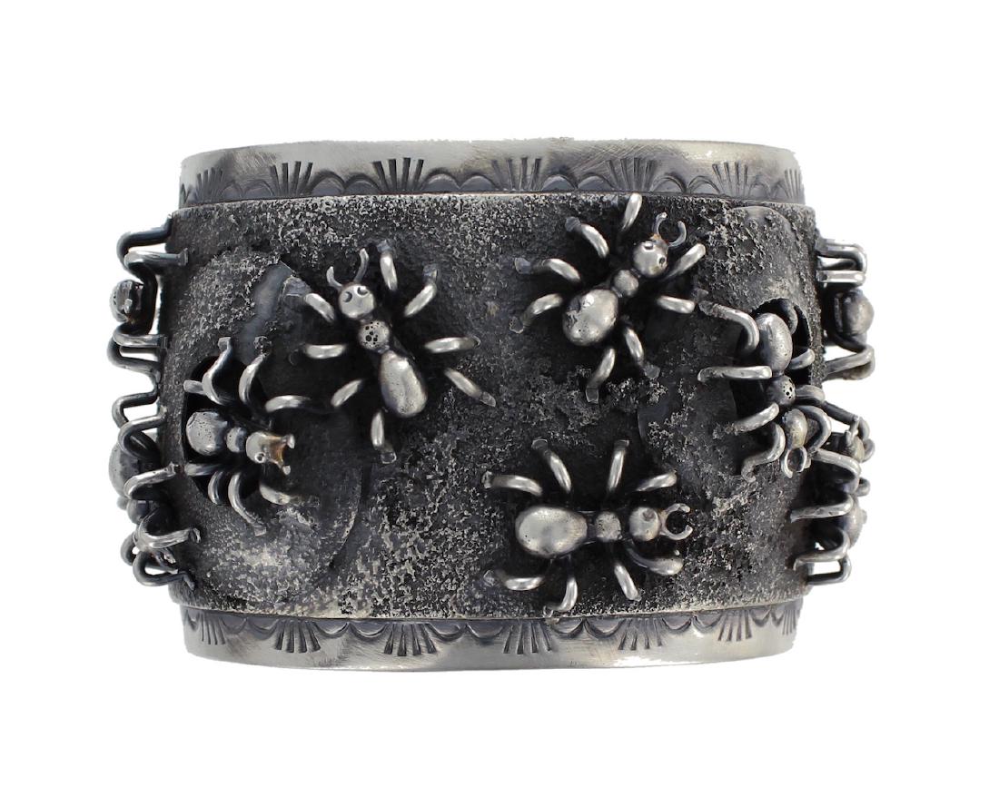 Sterling Silver Spider Colony Masterpiece Bracelet: Sterling Silver Spider Colony Masterpiece Bracelet Navajo Native American Southwest Indian Jewelry Signed LMC Larry Martinez Chavez || Weight: 206.8 Grams, Size: 5.75" inner, 1.5" Gap, 7.25" Inner, 2"