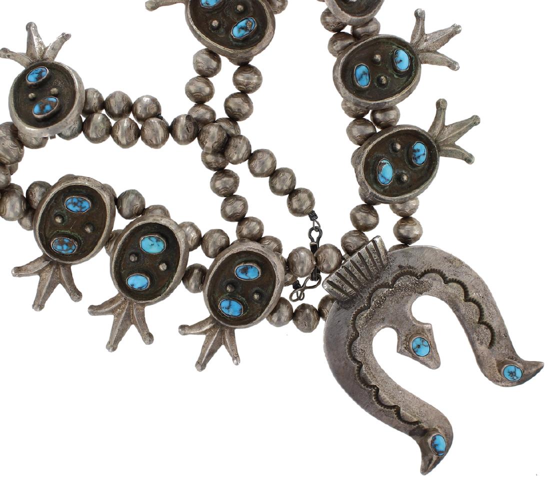 Sterling Silver Genuine Bisbee Turquoise Antique Old: Sterling Silver Genuine Bisbee Turquoise Antique Old Pawn Masterpiece Squash Blossom Necklace Navajo Native American Southwest Indian Jewelry Unsigned || Weight: 380.5 Grams, Size: 25" Length, NaJa Di