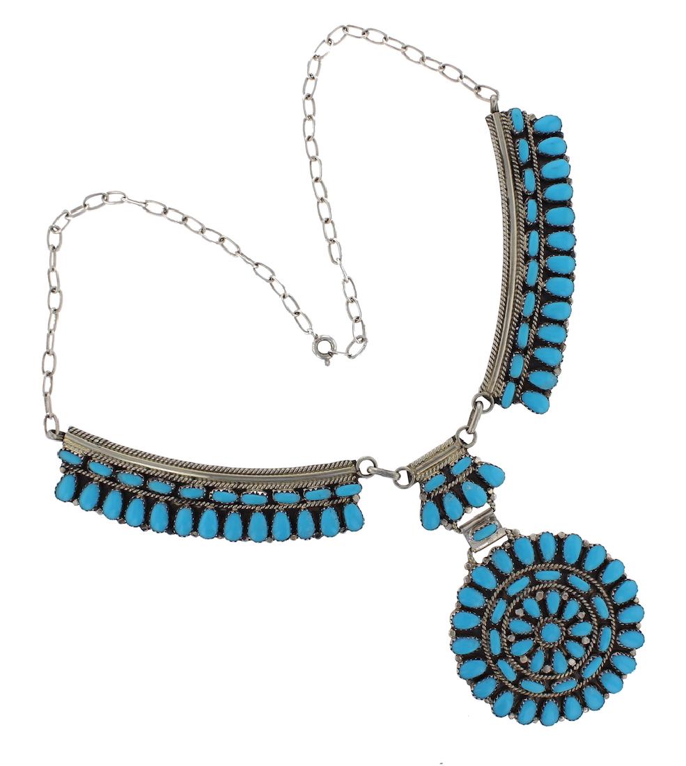 Sterling Silver Block Turquoise Vintage Cluster: Sterling Silver Block Turquoise Vintage Cluster Necklace Navajo Native American Southwest Indian Jewelry Signed JW ||| Weight: 47 Grams, 20" length