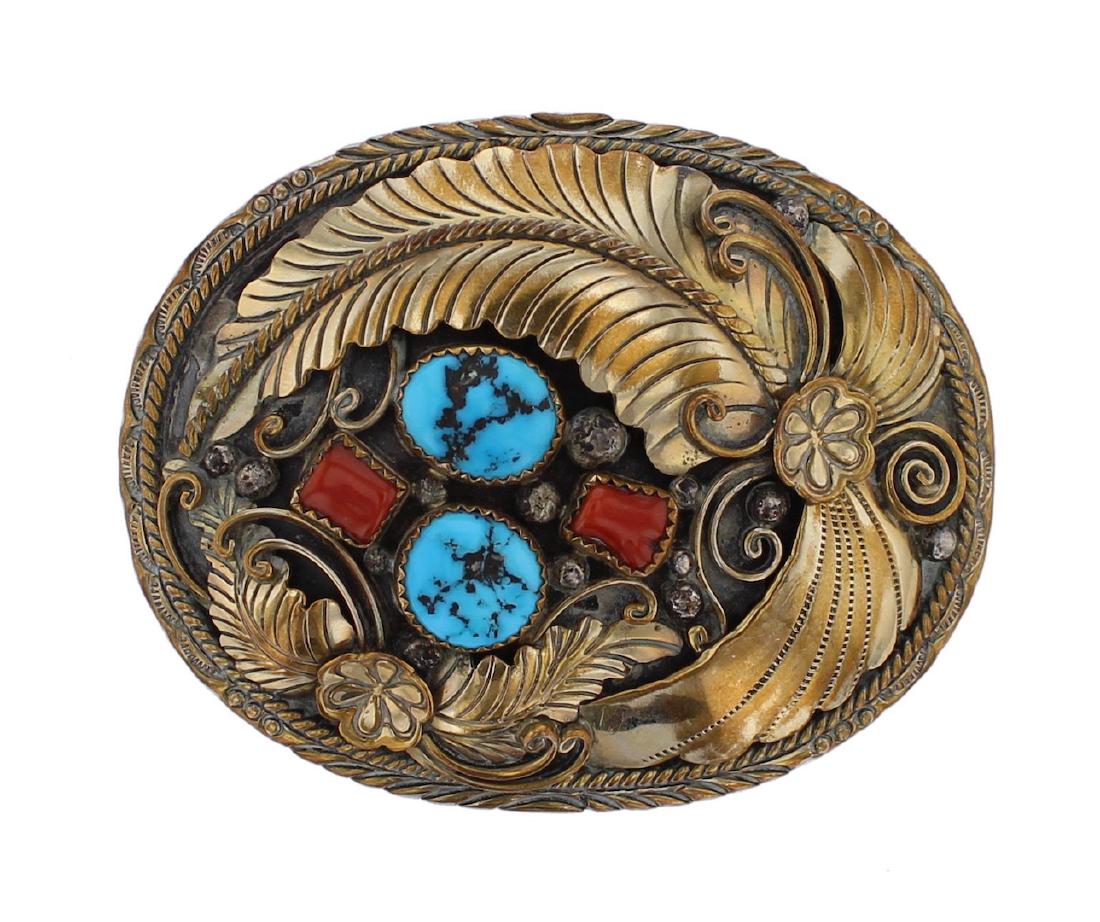 Sterling Silver Genuine Turquoise & Coral Belt Buckle: Sterling Silver Genuine Turquoise & Coral Belt Buckle Navajo Native American Southwest Indian Jewelry Signed W. Denet Dale ||| Weight: 39.3 Grams, Dimensions: 2.25" x 3", 1.5" belt Insert