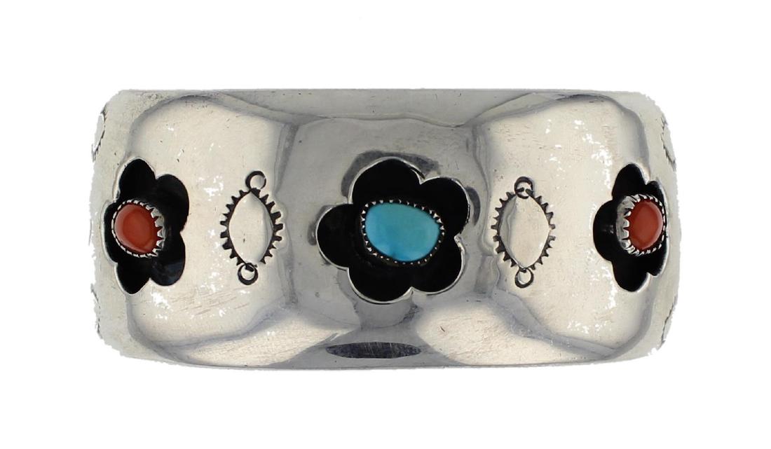 Sterling Silver Genuine Turquoise & Coral Shadow Box: Sterling Silver Genuine Turquoise & Coral Shadow Box Bracelet Navajo Native American Southwest Indian Jewelry Unsigned ||| Weight: 40.6 Grams, Size: 5.5" inner, 1.5" Gap, 7" Total, 1.25" Width