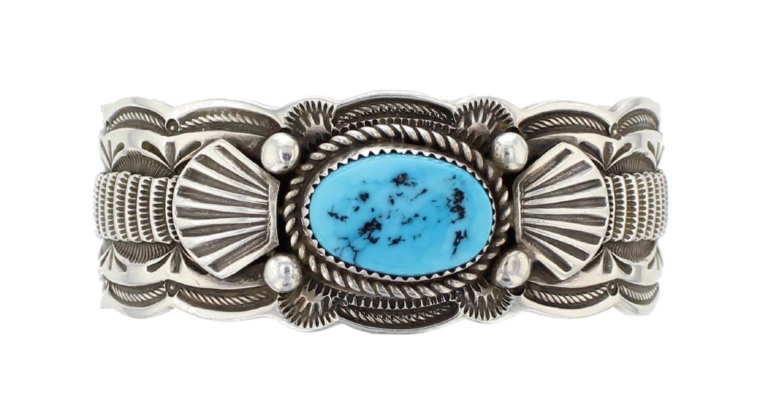 Sterling Silver Genuine Turquoise Vintage Heavy Stamp: Sterling Silver Genuine Turquoise Vintage Heavy Stamp Bracelet Navajo Native American Southwest Indian Jewelry Signed JB ||| Weight: 75 Grams, Size: 5.75" inner, 1.25" Gap, 7" Total, 1" Width