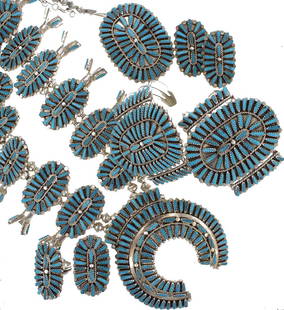 Sterling Silver Genuine Turquoise Vintage Needle Point: Sterling Silver Genuine Turquoise Vintage Needle Point Old Pawn Masterpiece Squash Blossom 2 Bracelets 2 Rings Pin/Pendant & Earrings Set Navajo Native American Southwest Indian Jewelry Signed L BYJOE