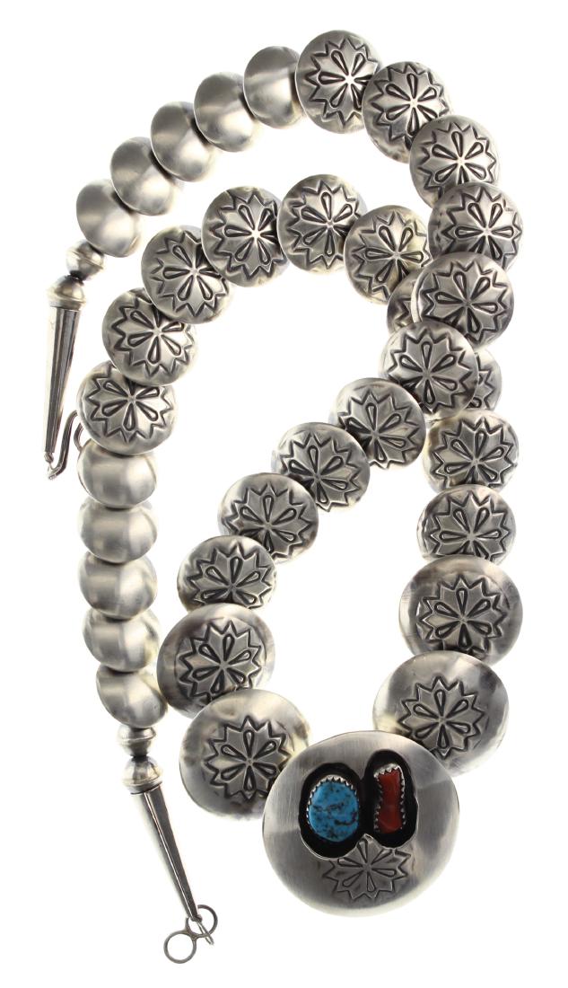 Sterling Silver Genuine Turquoise & Coral Disc Necklace (1 of 2)