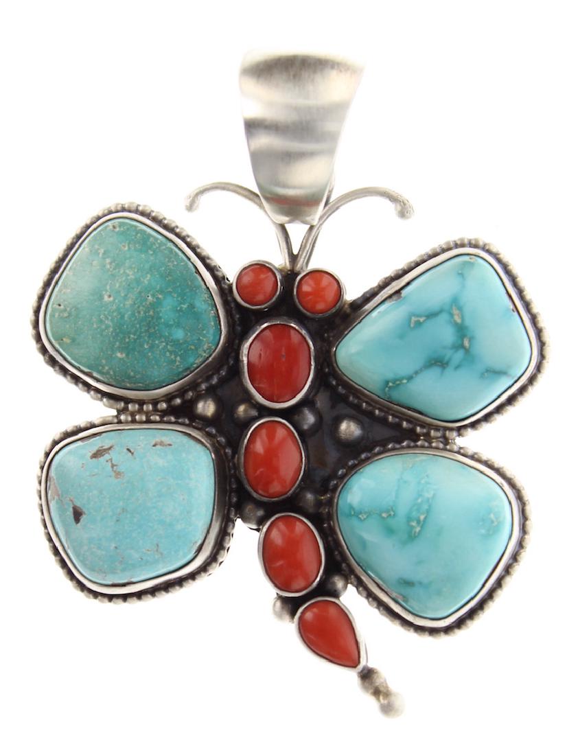 Sterling Silver Genuine Turquoise & Coral Butterfly (1 of 2)