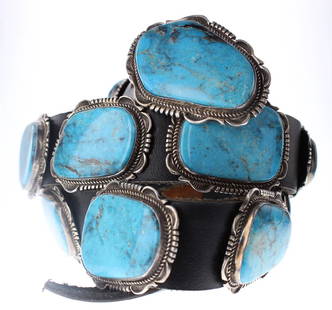 Sterling Silver Genuine Turquoise Large Stone: Sterling Silver Genuine Turquoise Large Stone Masterpiece Concho Belt Navajo Native American Southwest Indian Jewelry ||| Weight:494.9 Grams, Dimensions: Belt: 43" length, 2.5" x 1.75" buckle, 2" x 1.