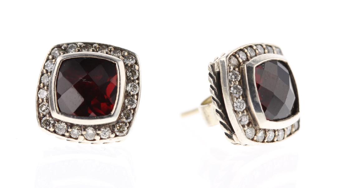 David Yurman Sterling Silver Albion Garnet & Diamond: David Yurman Sterling Silver Albion Garnet & Diamond Earrings ||| Weight: 5 GramsAlbion Garnet & Diamond Earrings: 11mm x 11mm, 6mm x 6mm stones