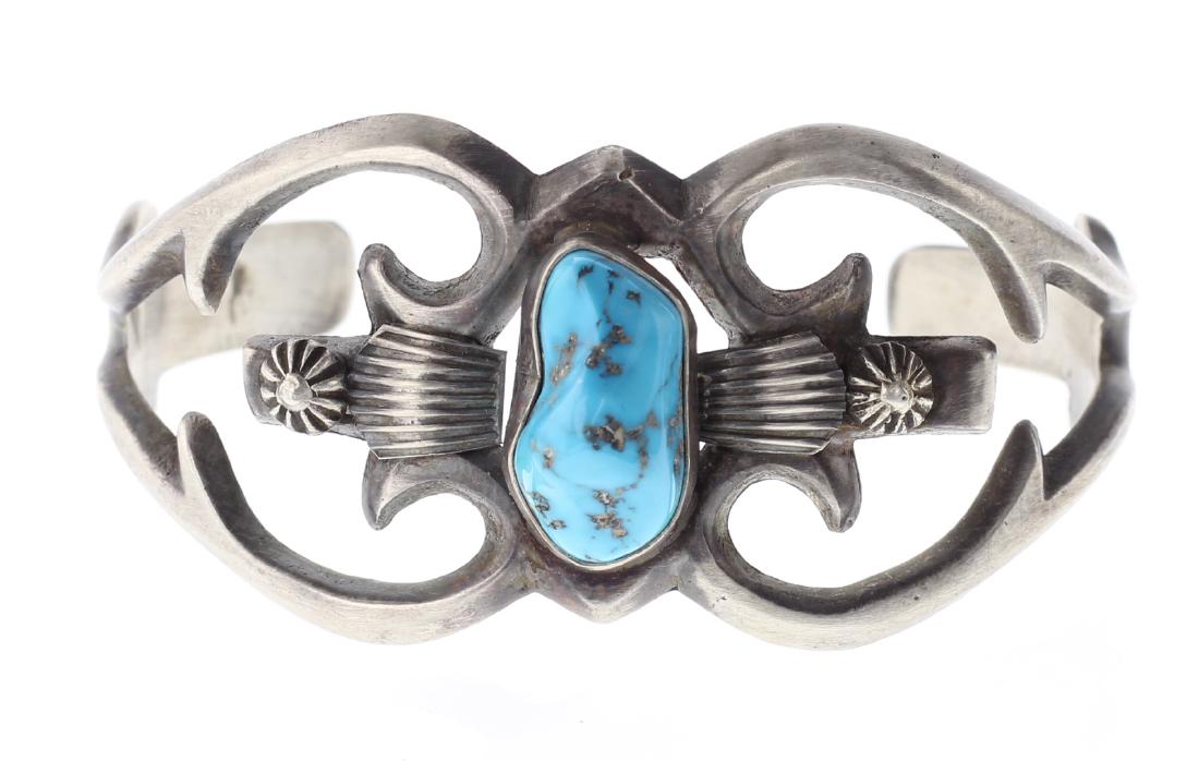 Sterling Silver Genuine Turquoise Sand Cast Bracelet (1 of 2)