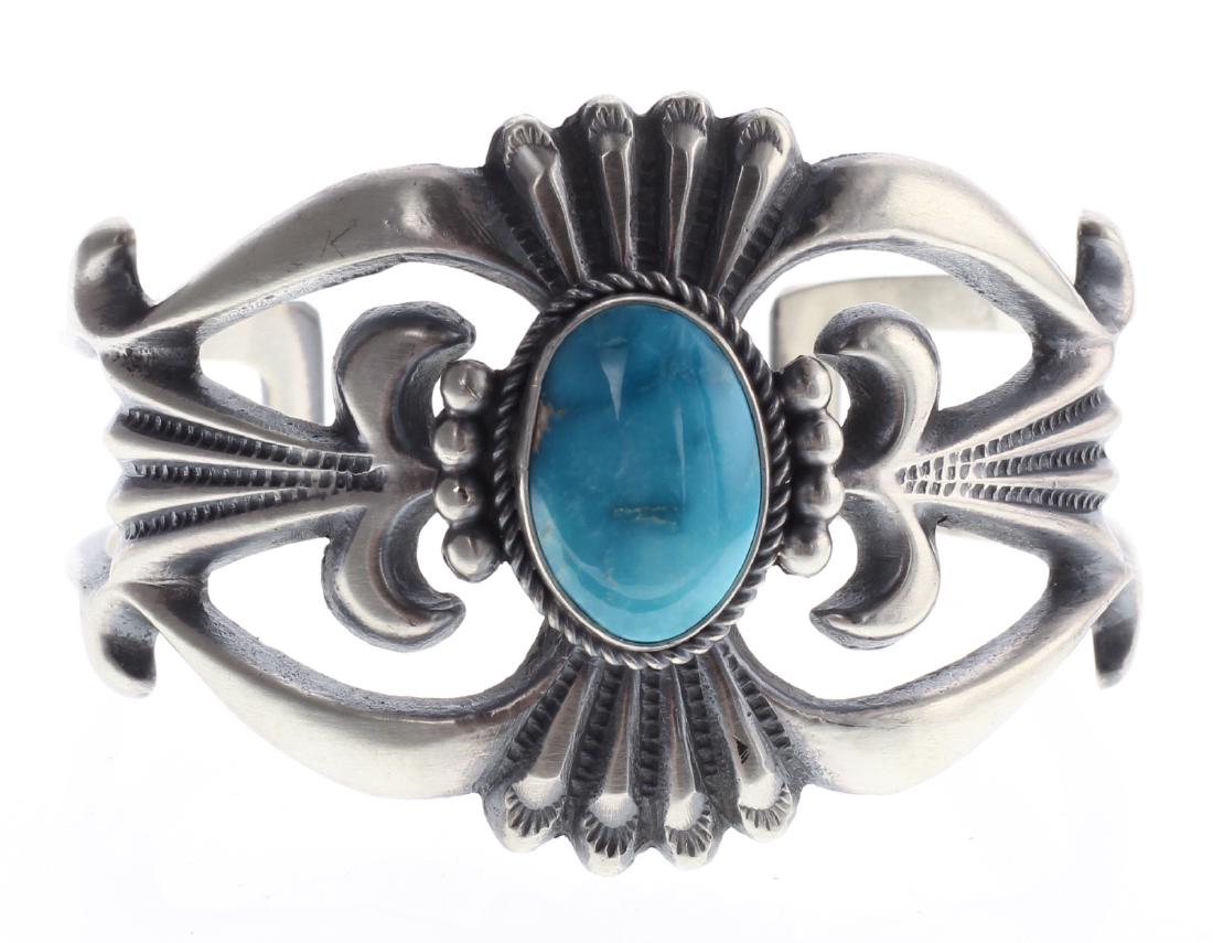 Sterling Silver Genuine Turquoise Sand Cast Bracelet (1 of 3)