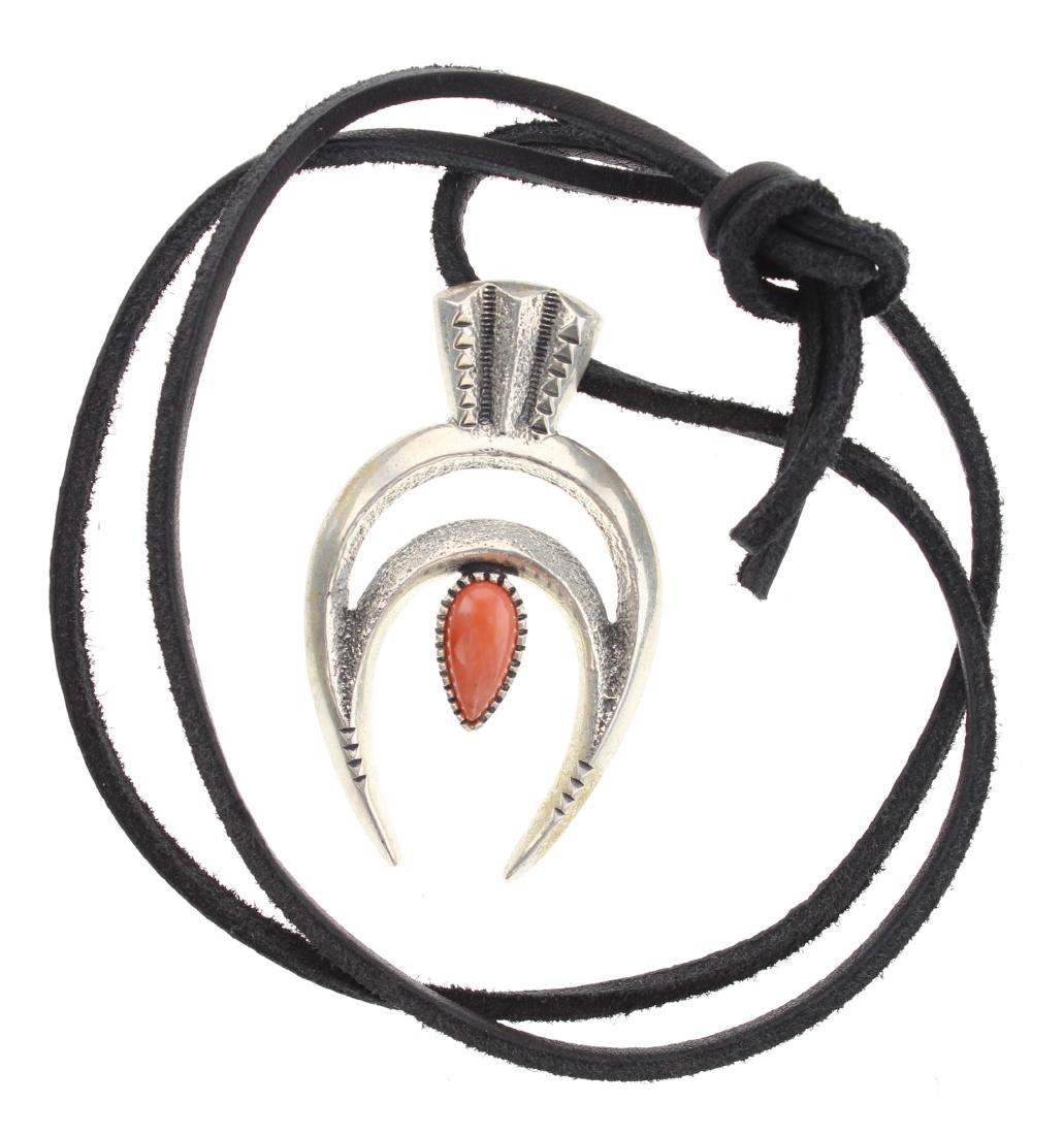 Sterling Silver Genuine Mediterranean Ox Blood Coral: Sterling Silver Genuine Mediterranean Ox Blood Coral Sand Cast Pendant & Leather Necklace Navajo Native American Southwest Indian Jewelry ||| Weight: 33.1 Grams, Dimensions: Necklace: 28" length, 1.5"