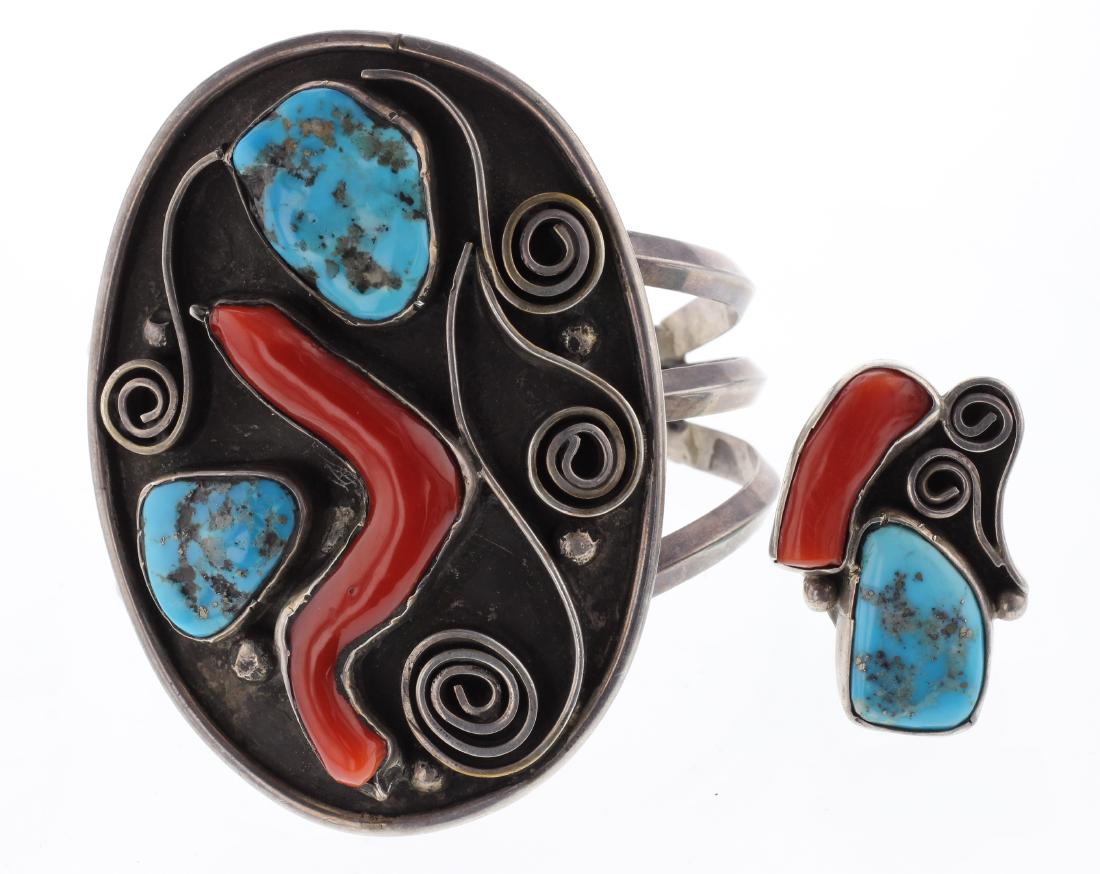 Sterling Silver Genuine Turquoise & Coral Vintage Old (1 of 2)