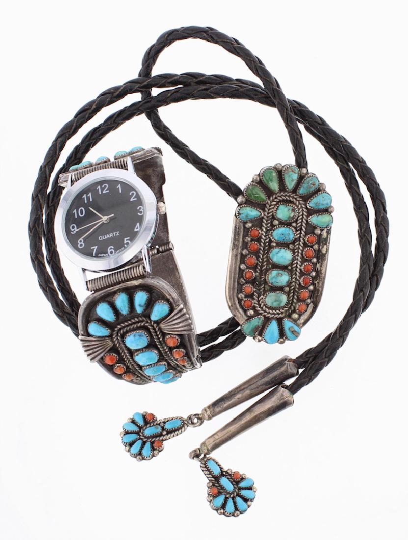 Vintage Old Pawn Turquoise & Coral Watch Bracelet & (1 of 2)