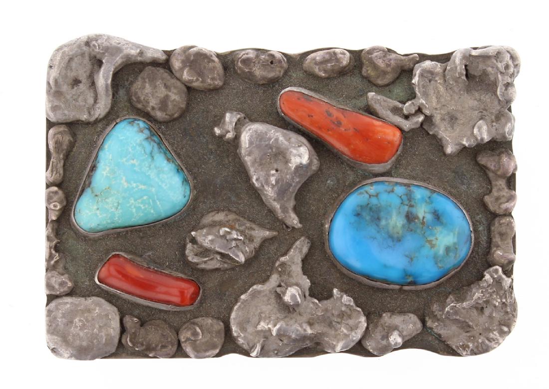 Old Pawn Vintage Turquoise & Coral Belt Buckle (1 of 2)