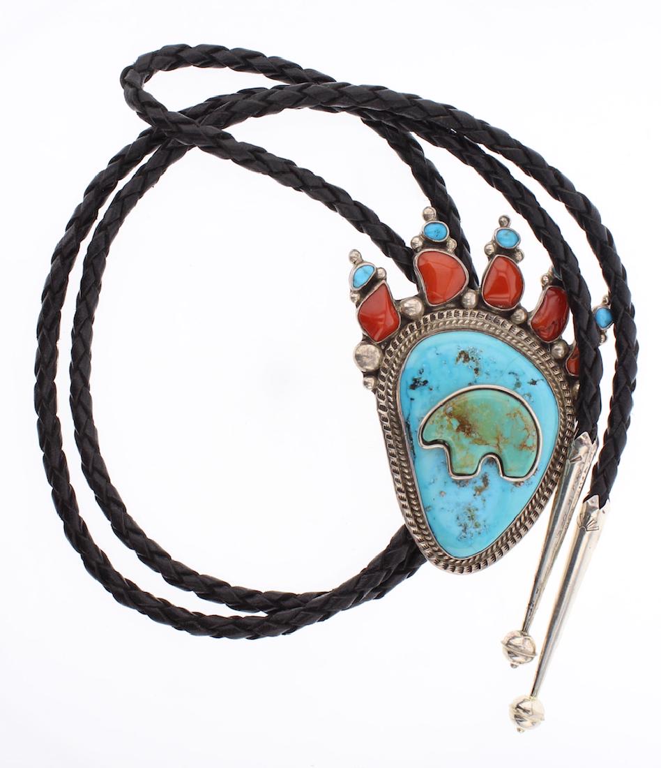 Vintage Turquoise & Coral Bear Paw Design Bolo Tie (1 of 2)