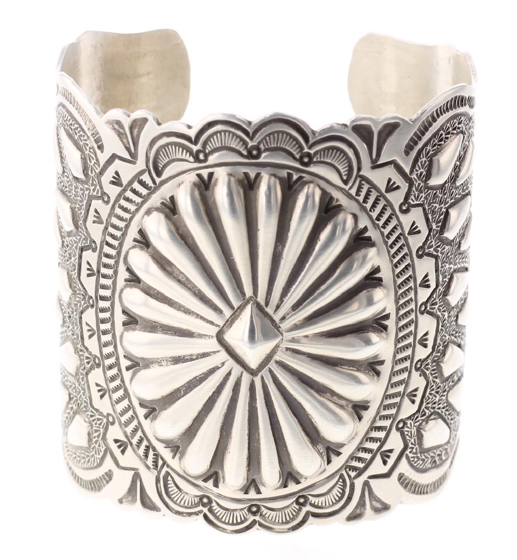 Arnold Black Goat Heavy Stamp Out Bracelet: Sterling Silver | Stone: None | Tribe: Navajo Native American Southwest Indian Jewelry | Arnold Black Goat Heavy Stamp Out Bracelet | Signed: Blackgoat | Weight: 104.1 Grams, Dimensions: Bracelet: 6" 