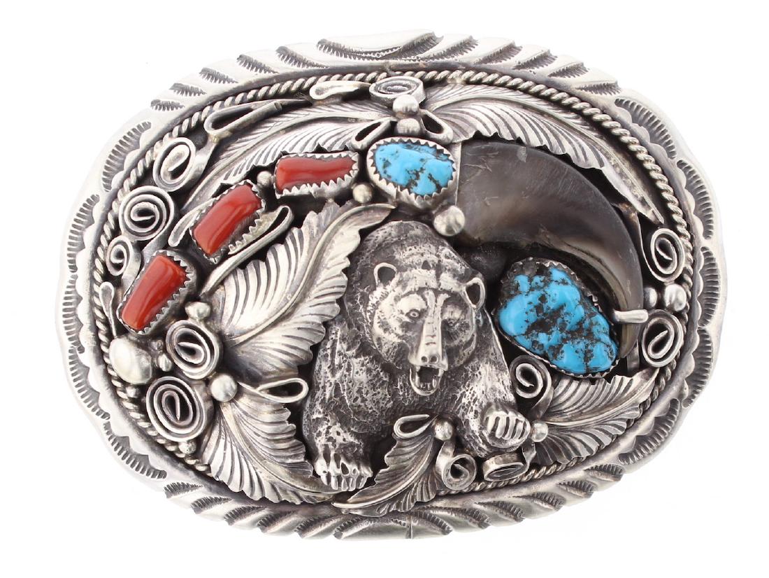 Turquoise & Coral Masterpiece Bear Claw Belt Buckle (1 of 2)