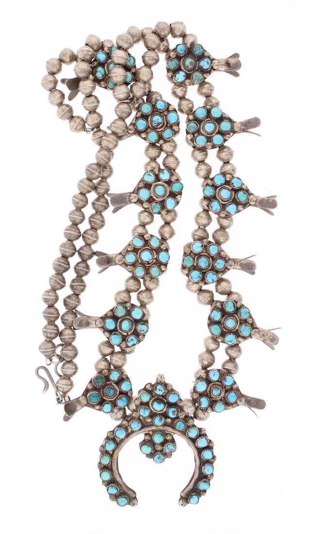 Old Pawn Turquoise Antique Squash Blossom Necklace: Sterling Silver | Stone: Genuine Turquoise | Tribe: Navajo Native American Southwest Indian Jewelry | Old Pawn Turquoise Antique Squash Blossom Necklace | | Weight: 89.8 Grams, Dimensions: Necklace: 2