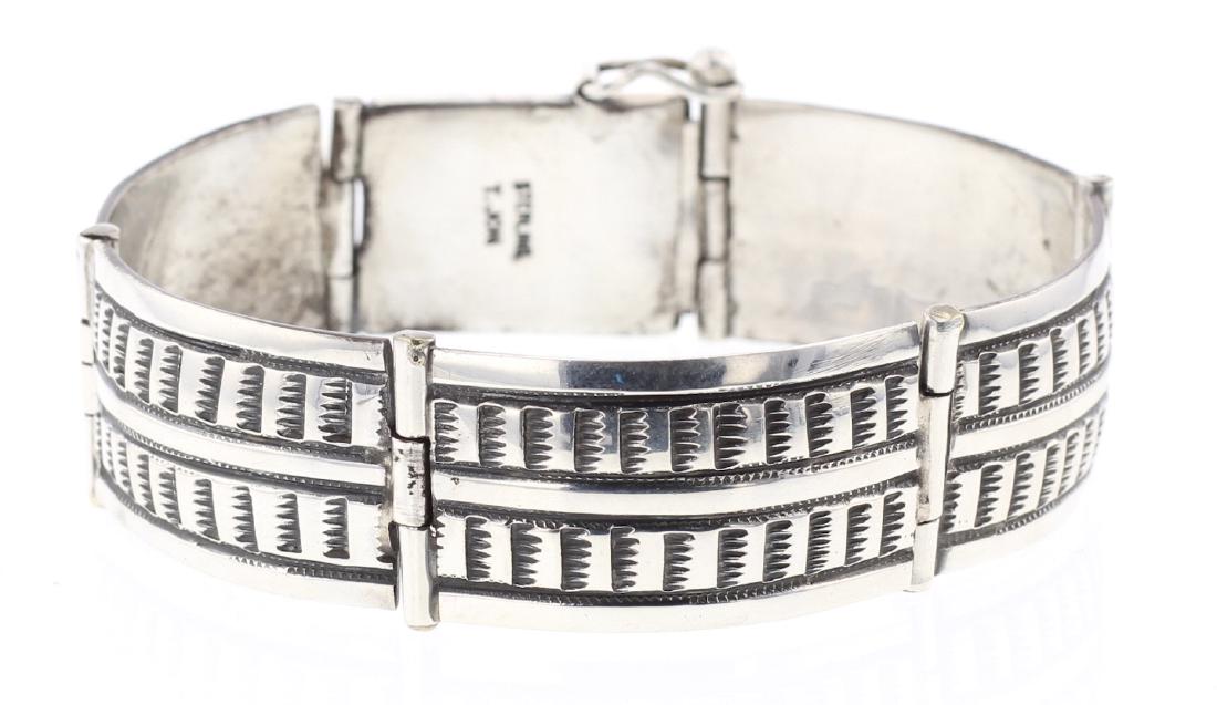 T. Jon Full Link Bracelet: Sterling Silver | | Tribe: Navajo Native American Southwest Indian Jewelry | T. Jon Full Link Bracelet Signed: T Jon | Weight: 44.3 Grams, | Dimensions: Bracelet: 8" length, 17mm face width