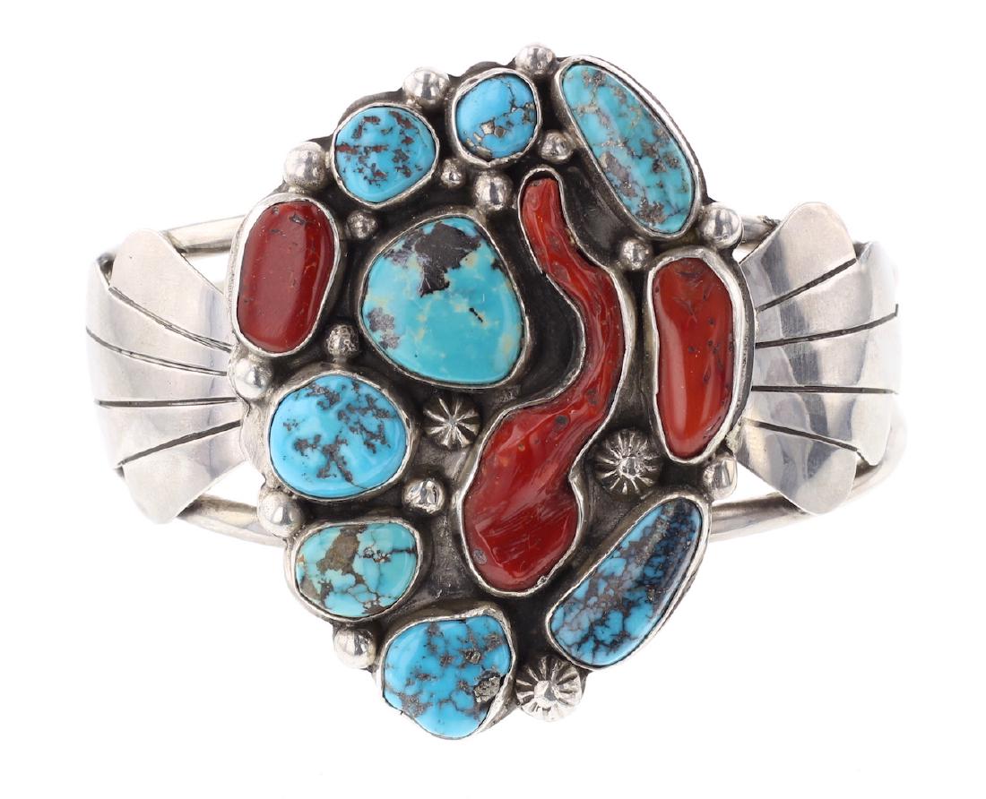 Vintage Old Pawn Free Form Turquoise & Coral Bracelet (1 of 3)
