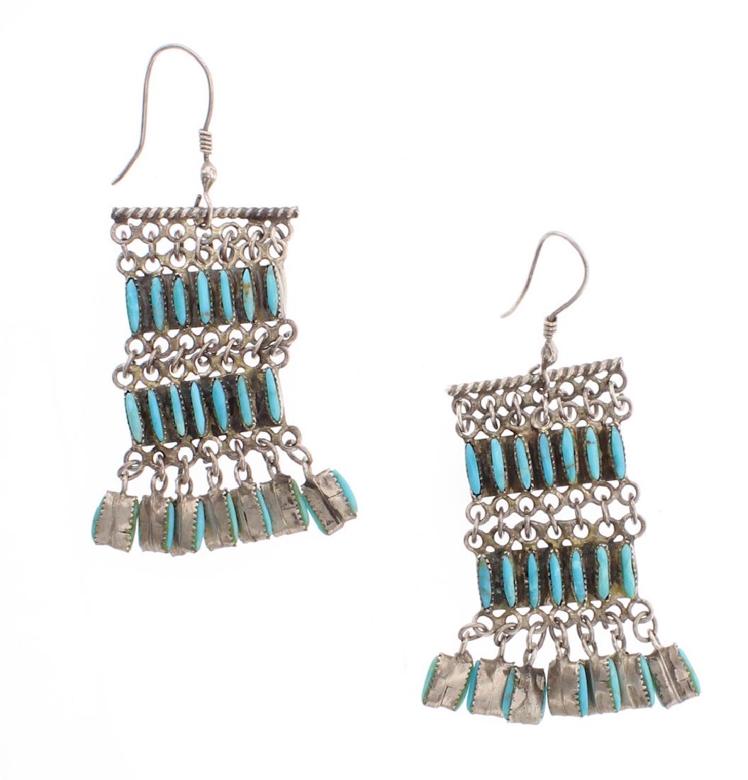 Needlepoint Antique Turquoise Earrings: Sterling Silver | Genuine Turquoise | Tribe: Navajo Native American Southwest Indian Jewelry | Needlepoint Antique Turquoise Earrings | Weight: 28.5 Grams, | Dimensions: Earrings: 1" x 3", 1mm x 7mm s