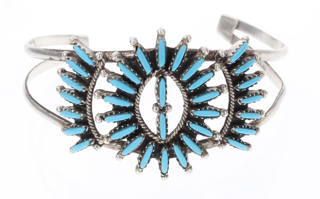 Vintage Zuni Needlepoint Bracelet: Sterling Silver | Genuine Turquoise | Zuni Native American Southwest Indian Jewelry | Vintage Zuni Needlepoint Bracelet | Weight:18.6 Grams, | Dimensions: Bracelet: 5.5" inner, 1.25" gap, 6.75" total,