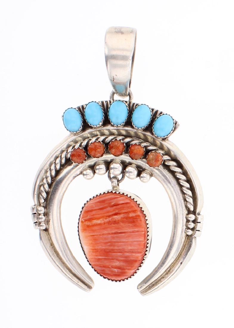 Robert Kelly Vintage Spiny Oyster & Turquoise Pendant: Sterling Silver | Genuine Turquoise & Spiny Oyster | Navajo Native American Southwest Indian Jewelry | Robert Kelly Vintage Spiny Oyster & Turquoise Pendant Signed: Robt. Kelly | Weight:46.3 Grams, |