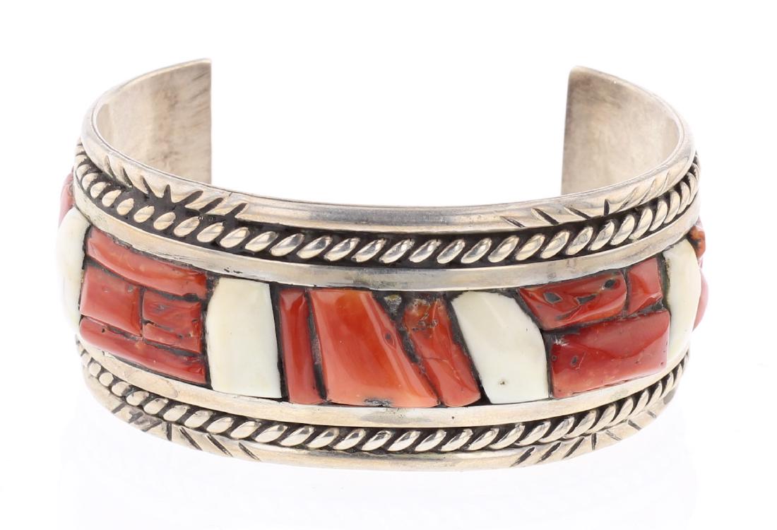 Vintage Old Pawn Coral Mosaic Inlay Bracelet (1 of 3)