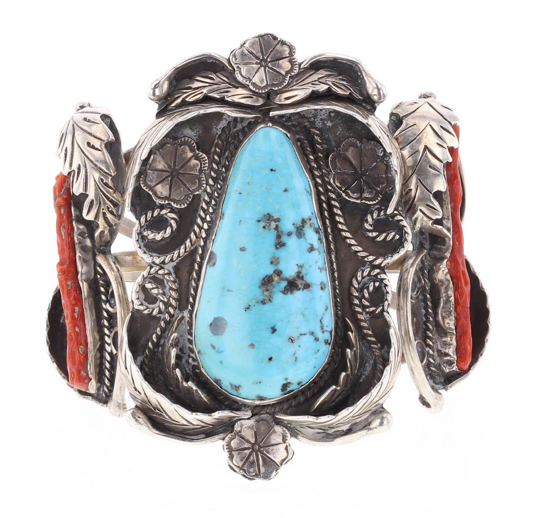 Vintage Old Pawn Turquoise & Coral Leaf Design Bracelet (1 of 3)