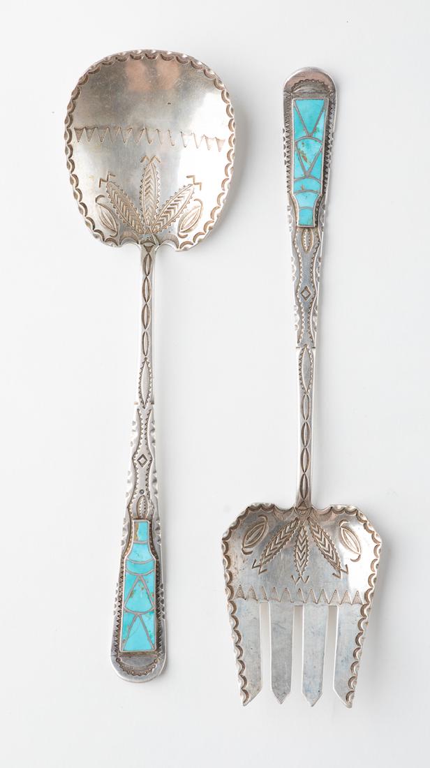 Vintage Old Pawn Turquoise Inlay Maze Design Silverware (1 of 2)