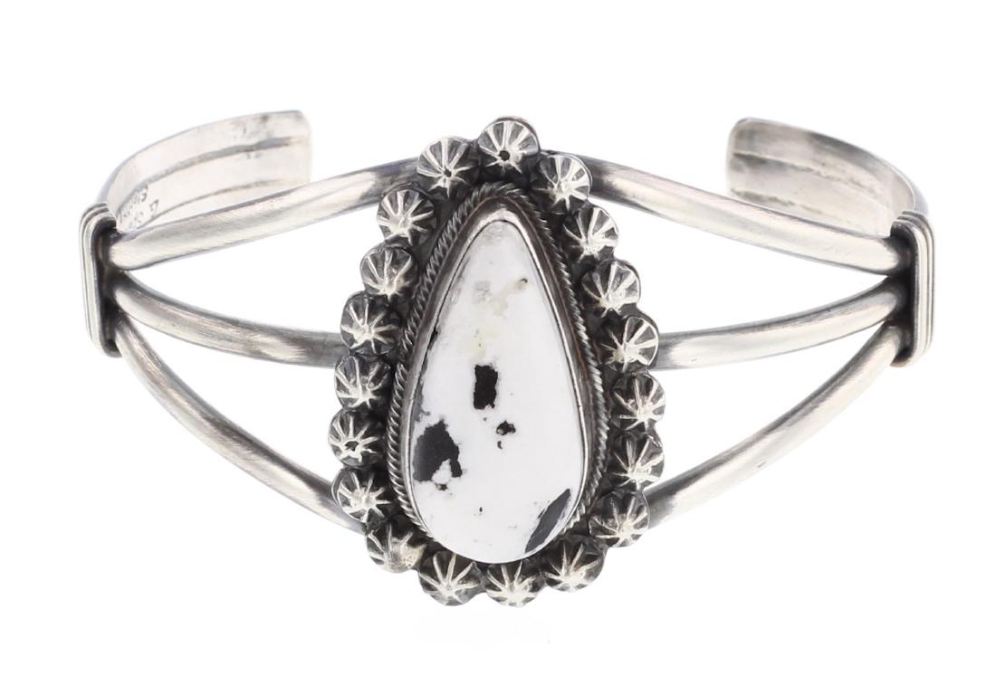 Larry Spencer White Buffalo Bracelet: Sterling Silver | Genuine White Buffalo | Larry Spencer White Buffalo Bracelet | Navajo Native American Southwest Indian Jewelry | Signed: L. Spencer | Weight:35.4 Grams, | Dimensions: Bracelet: 5.5" 
