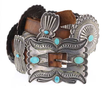 Old Pawn Turquoise Heavy Stamp Overlay Concho Belt: Sterling Silver | Genuine Turquoise | Old Pawn Turquoise Heavy Stamp Overlay Concho Belt | Navajo Native American Southwest Indian Jewelry | | Weight:526.6 Grams, | Dimensions: Belt: 36" length, 3" x