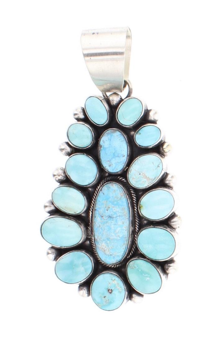 Bea Betty Tom Turquoise Pendant: Sterling Silver | Genuine Turquoise | Bea Betty Tom Turquoise Pendant | Navajo Native American Southwest Indian Jewelry | Weight: 35.7 Grams, | Dimensions: Pendent: 1.5" x 3.25", 10mm x 23mm center st