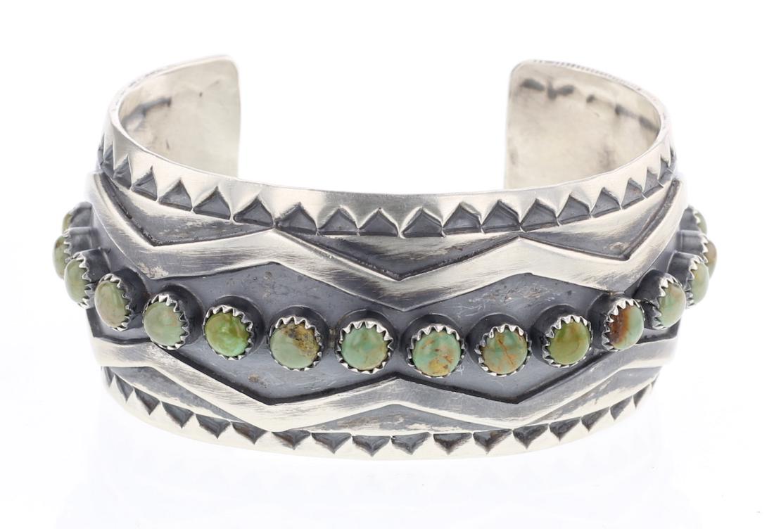 Tille Jon Turquoise Row Cuff Bracelet: Sterling Silver | Genuine Turquoise | Tille Jon Turquoise Row Cuff Bracelet | Navajo Native American Southwest Indian Jewelry | Weight: 72.8 Grams, | Dimensions: Bracelet: 5.5" inner, 1" gap, 6.5" tot