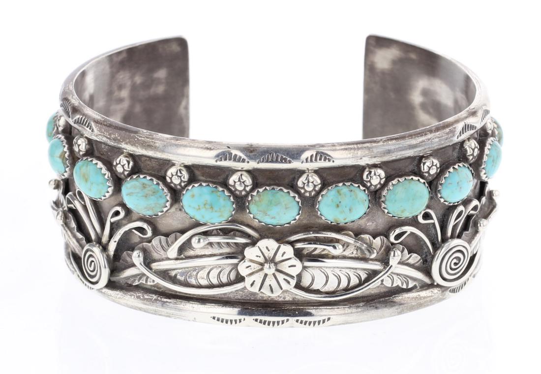 Gibson Vintage Turquoise Flower Blossom Bracelet: Sterling Silver | Genuine Turquoise | Gibson Vintage Turquoise Flower Blossom Bracelet | Navajo Native American Southwest Indian Jewelry | Weight: 72.1 Grams, | Dimensions: Bracelet: 6" inner, 1" gap,