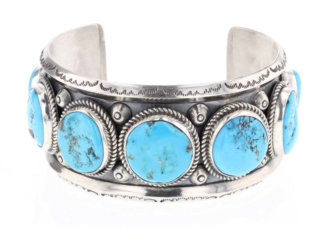 Leonard T. Chee Vintage Turquoise Round Stone Row Cuff: Sterling Silver | Genuine Turquoise | Leonard T. Chee Vintage Turquoise Round Stone Row Cuff Bracelet | Navajo Native American Southwest Indian Jewelry | Weight: 93.6 Grams, | Dimensions: Bracelet: 6"