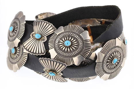 Vintage Leon Martinez Turquoise Concho Belt: Sterling Silver | Genuine Turquoise | Vintage Leon Martinez Turquoise Concho Belt | Navajo Native American Southwest Indian Jewelry | Weight: 443.6 Grams, | Dimensions: Belt: 45" length, 2.25" x 2" bu